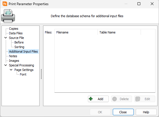 Additional Input Files are converted into tables within a temporary in-memory SQL database that can be queried when connected to the FormFusion Process data connection.